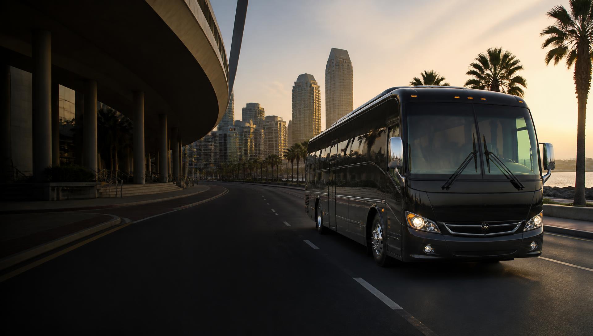 Executive motorcoach traveling through the San Diego waterfront district